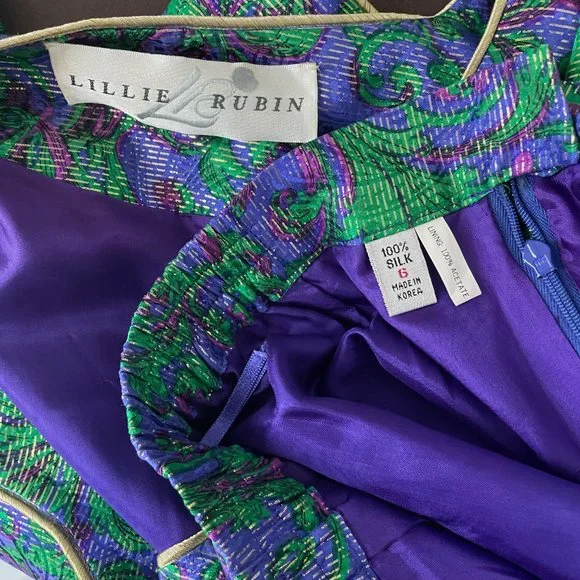 Lillie Rubin Jacket Skirt Suit 2pc Silk Jacquard Abstract Metallic Vintage - Picture 9 of 9